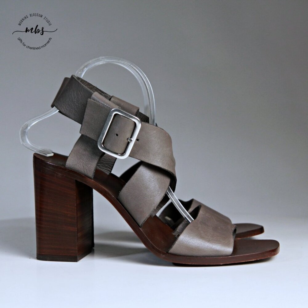Boemos Leather Strap‎ Block Heel Sandals Gray Tan Women EU 40, US 9